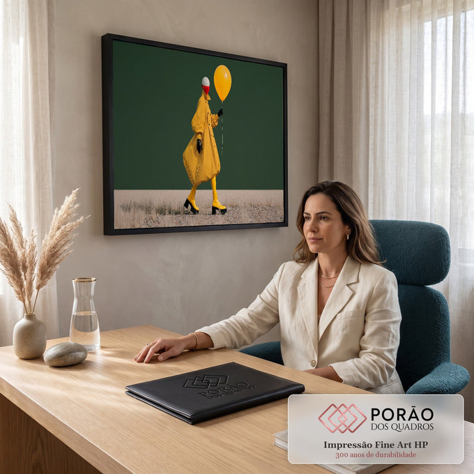 Quadro Decorativo Grande Figura com Sobretudo para Sala | quadros decorativos | figura de sobretudo xadrez amarelo segurando balão amarelo sobre fundo verde escuro | em ambiente 2 | Porao dos Quadros