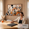 Quadro Decorativo Grande Flores Pretas para Sala Preto | quadros decorativos | flores pretas e pêssego estilizadas sobre colinas abstratas em laranja e bege | em ambiente 2 | Porao dos Quadros