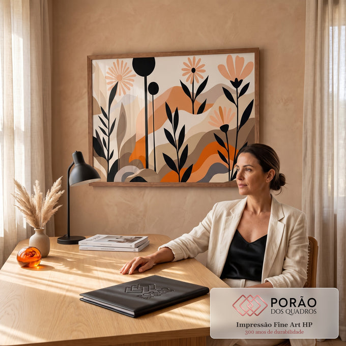 Quadro Decorativo Grande Flores Pretas para Sala Preto | quadros decorativos | flores pretas e pêssego estilizadas sobre colinas abstratas em laranja e bege | em ambiente 2 | Porao dos Quadros