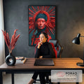 Quadro Decorativo Mulher Tribal com Pintura Vermelha e Penas | quadros decorativos | mulher com pintura corporal vermelha e traços tribais pretos, coroa de penas vermelhas | em Quadros para Escritorio | Porao dos Quadros