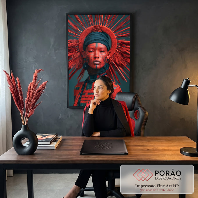 Quadro Decorativo Mulher Tribal com Pintura Vermelha e Penas | quadros decorativos | mulher com pintura corporal vermelha e traços tribais pretos, coroa de penas vermelhas | em Quadros para Escritorio | Porao dos Quadros