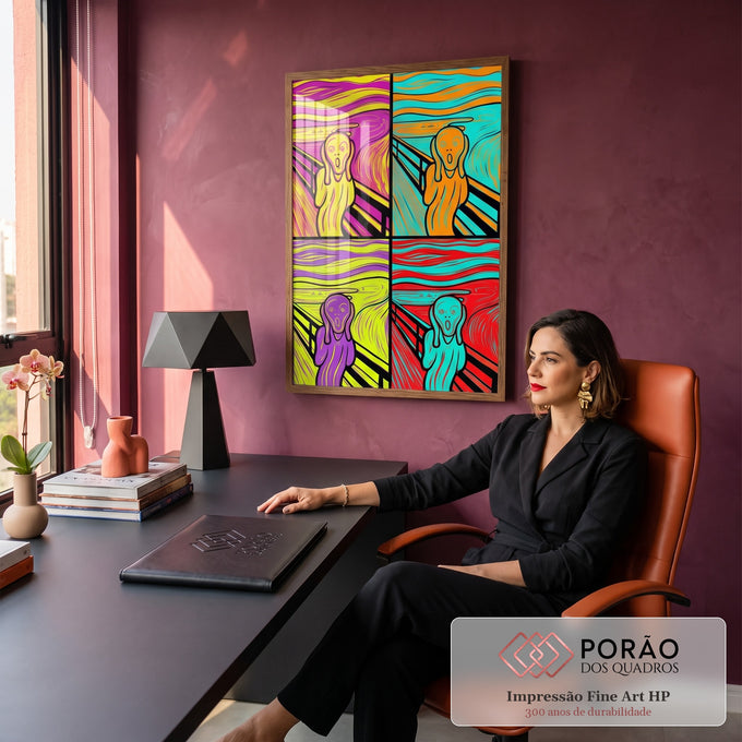 Quadro Decorativo Grande Grito de Munch Sala para Sala Rosa | quadros decorativos | figura gritando em quatro paletas pop art vibrantes inspirada em O Grito | em ambiente 2 | Porao dos Quadros