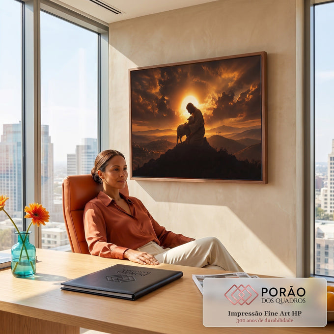 Jesus ajoelhado abraçando um cordeiro ao pôr do sol, com três cruzes ao fundo, quadro decorativo
