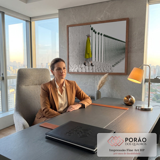 Quadro Decorativo Grande Mulher de Casaco para Sala Verde | quadros decorativos | mulher de casaco verde e chapéu cônico caminhando sobre pedras brancas junto a postes refletidos na água | em ambiente 2 | Porao dos Quadros