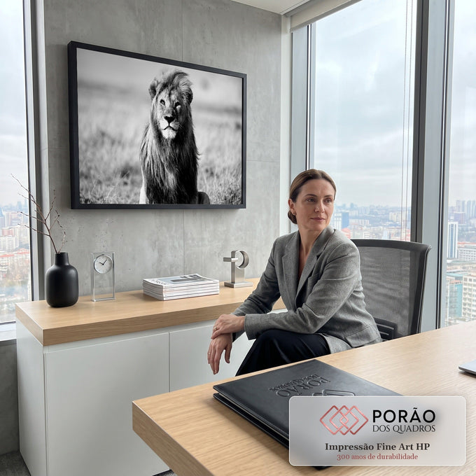 Leão de frente com a juba ao vento na savana, em fotografia preto e branco, quadro decorativo