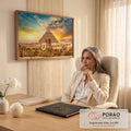 Quadro Decorativo Grande Pirâmide de Gizé para Sala Bege | quadros decorativos | Grande Pirâmide de Gizé e Esfinge sob céu de pôr do sol em tons laranja e azul | em ambiente 2 | Porao dos Quadros