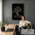 Quadro Decorativo Grande Árvore da Vida Verde para Sala | quadros decorativos | bonsai de tronco retorcido sobre rocha com fundo preto | em ambiente 2 | Porao dos Quadros