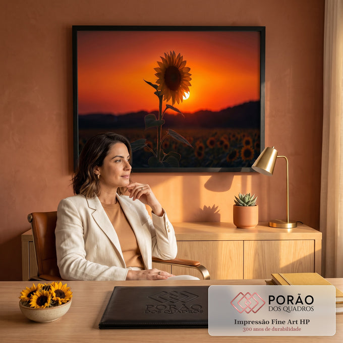 Girassol em contraluz diante do sol poente laranja sobre campo de girassóis, quadro decorativo
