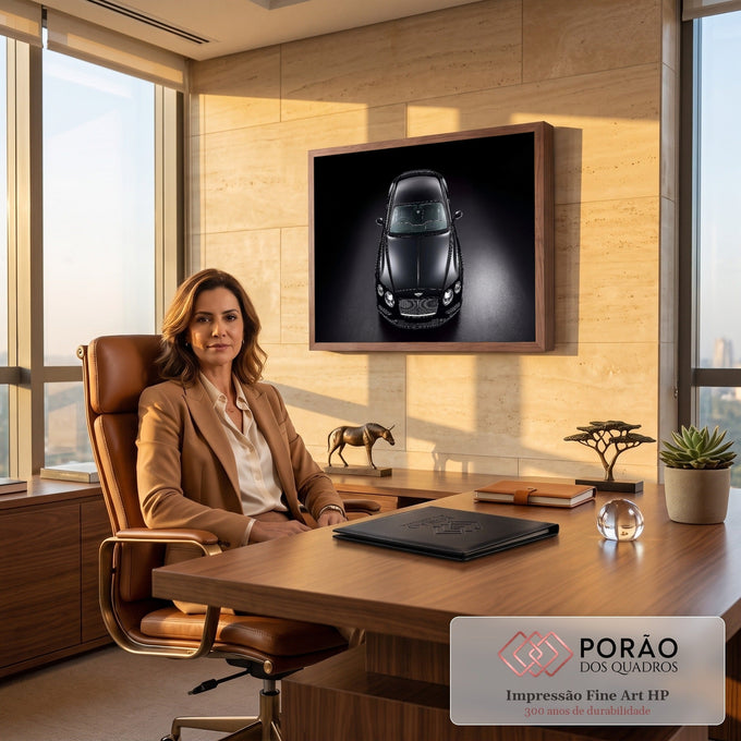 Quadro Decorativo Grande Carro Automóvel para Sala Preto | quadros decorativos | carro esportivo preto fotografado de cima com faróis acesos sobre fundo escuro | em ambiente 2 | Porao dos Quadros