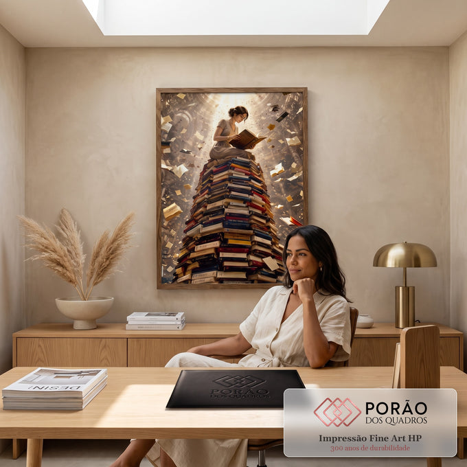 Quadro Decorativo Grande Mulher Lendo Livros para Sala | quadros decorativos | mulher lendo sentada no topo de uma torre de livros com páginas flutuando ao redor | em ambiente 2 | Porao dos Quadros