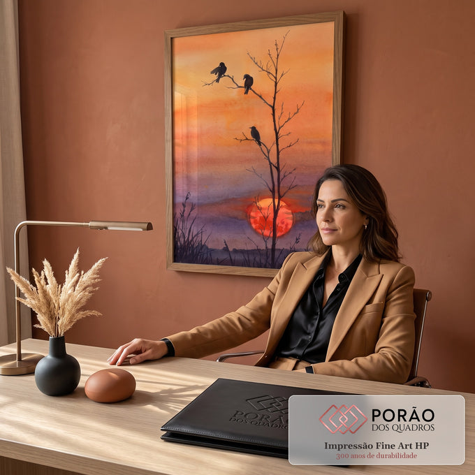Aquarela de três corvos em árvore seca diante de sol vermelho e céu laranja ao entardecer, quadro decorativo