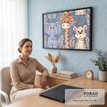 Elefante, girafa e zebra fofos em desenho cartoon com folhas bege sobre fundo azul, quadro decorativo