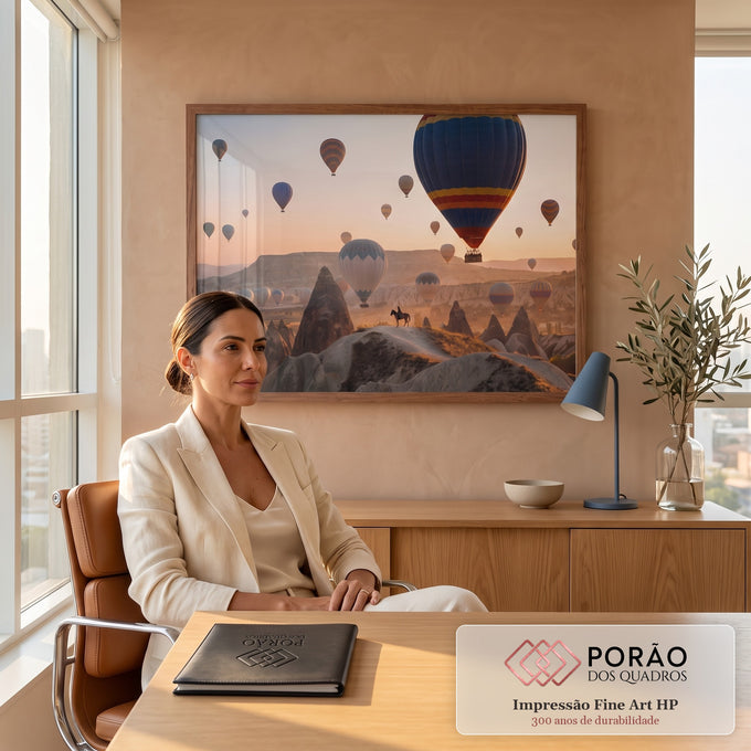 Quadro Decorativo Grande Balões de Ar para Sala Laranja | quadros decorativos | balões de ar quente coloridos sobre formações rochosas da Capadócia ao amanhecer | em ambiente 2 | Porao dos Quadros