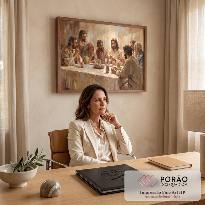 Quadro Decorativo Grande Última Ceia Bege para Sala | quadros decorativos | Jesus e oito apóstolos reunidos à mesa na Última Ceia em tons terrosos | em ambiente 2 | Porao dos Quadros