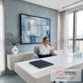 Quadro Decorativo Grande Abstrato e Branco para Sala Azul | quadros decorativos | pintura abstrata em blocos de azul, branco e cinza com linhas finas sobrepostas | em ambiente 2 | Porao dos Quadros