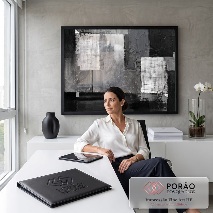 Pintura abstrata texturizada com blocos sobrepostos em preto, branco e cinza, quadro decorativo