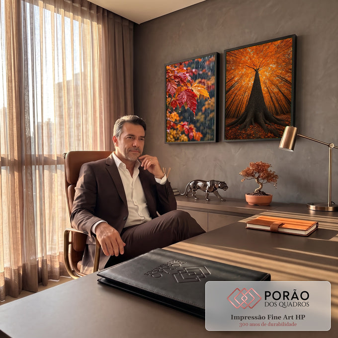 Quadro Decorativo Kit 2 Telas Folhas de Outono para Sala | quadros decorativos | folhas de bordo molhadas de chuva ao lado de árvore alta com copa dourada | em ambiente 2 | Porao dos Quadros