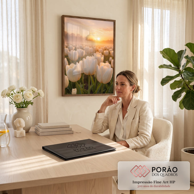 Quadro Decorativo Campo de Tulipas Brancas ao Amanhecer | quadros decorativos | campo de tulipas brancas com orvalho ao nascer do sol entre névoa suave | em Quadros para Quarto | Porao dos Quadros