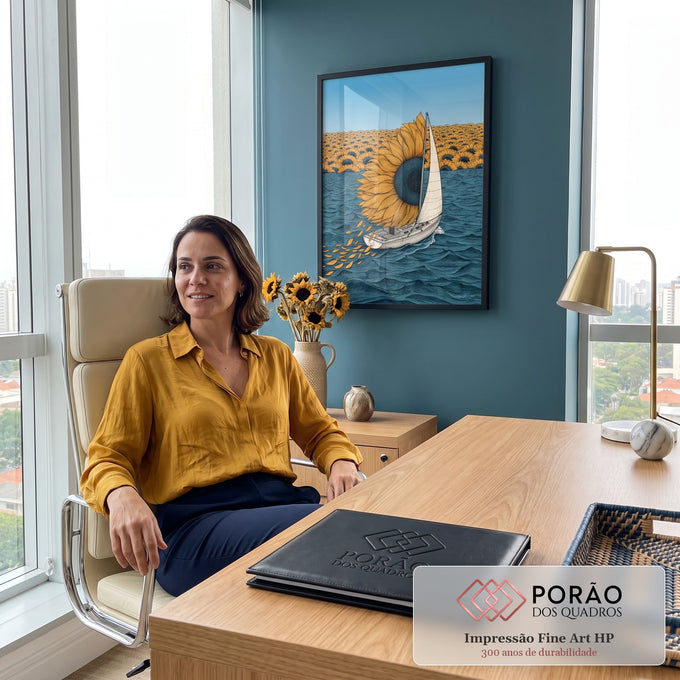 Veleiro com girassol gigante como vela no mar azul, campo de girassóis ao fundo, quadro decorativo