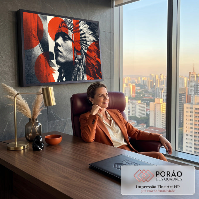 Retrato de indígena com cocar de penas em colagem halftone com círculos vermelhos, quadro decorativo