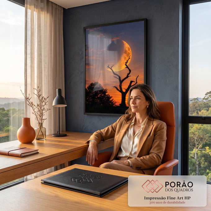 Lua crescente dourada gigante atrás de árvore seca em silhueta no céu laranja do pôr do sol, quadro decorativo