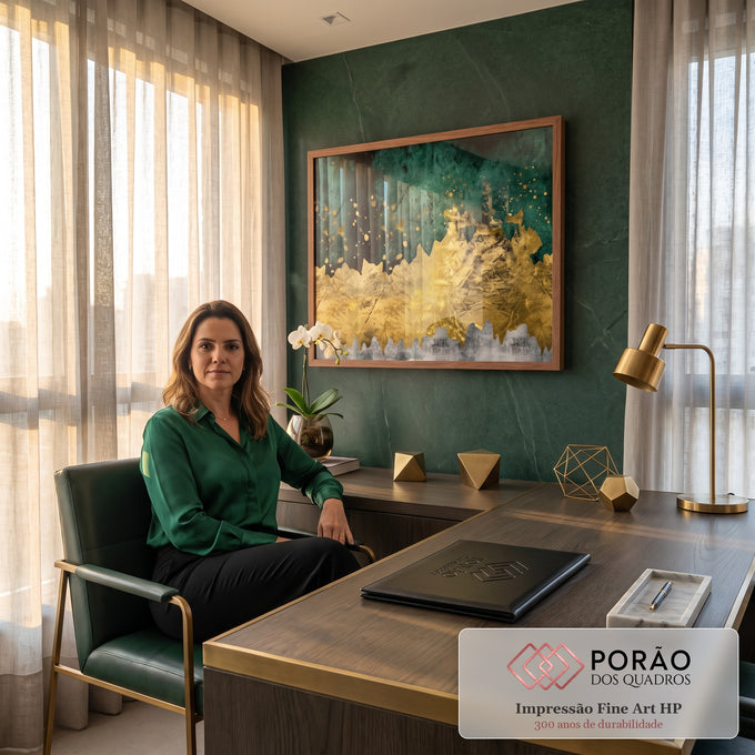 Quadro Decorativo Grande Abstrato e Dourado Verde para Sala | quadros decorativos | camadas abstratas em verde escuro, dourado craquelado e cinza com respingos dourados | em ambiente 2 | Porao dos Quadros