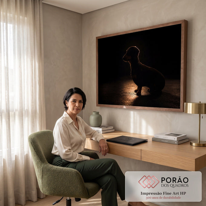 Cachorro salsicha dachshund sentado de perfil em silhueta com contraluz dourada no fundo preto, quadro decorativo