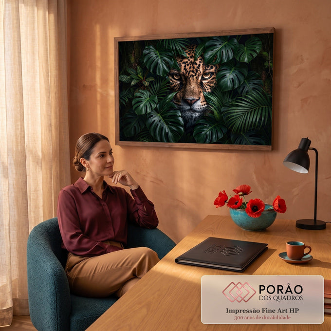 Rosto de onça-pintada com olhos âmbar espreitando entre folhas de monstera e palmeiras, quadro decorativo