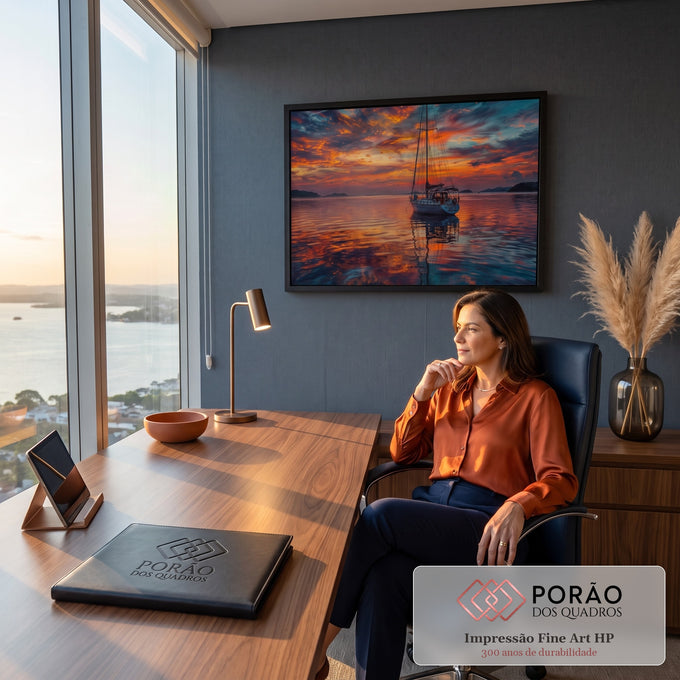 Quadro Decorativo Grande Veleiro ao Pôr do Sol para Sala | quadros decorativos | veleiro branco ancorado sob céu de pôr do sol em laranja e azul | em ambiente 2 | Porao dos Quadros