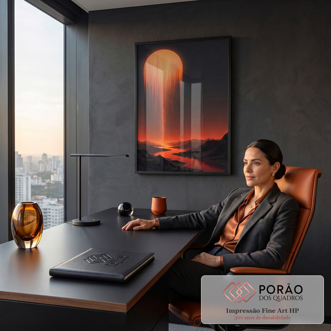 Sol laranja se desfazendo em raios de luz sobre rio entre montanhas escuras, quadro decorativo
