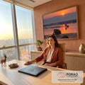 Quadro Decorativo Grande Pôr do Sol no Rio para Sala Laranja | quadros decorativos | pôr do sol laranja refletido em rio com manada de impalas na margem arenosa | em ambiente 2 | Porao dos Quadros