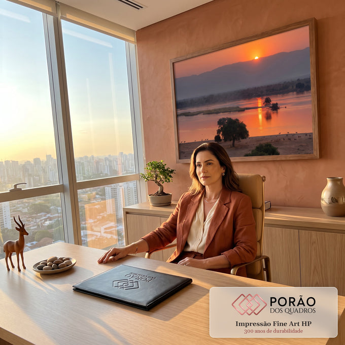 Quadro Decorativo Grande Pôr do Sol no Rio para Sala Laranja | quadros decorativos | pôr do sol laranja refletido em rio com manada de impalas na margem arenosa | em ambiente 2 | Porao dos Quadros