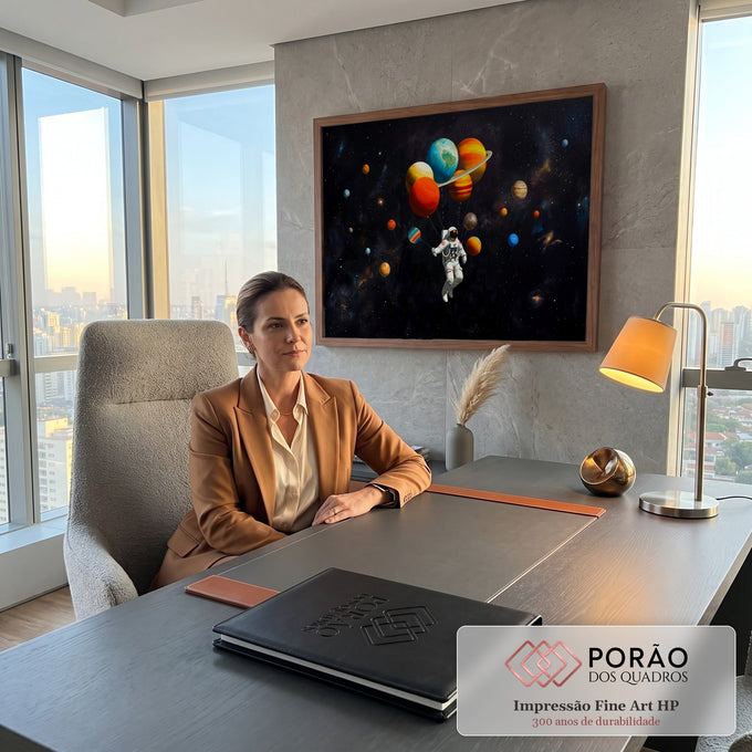 Astronauta flutuando no espaço segurando balões em forma de planetas coloridos, quadro decorativo