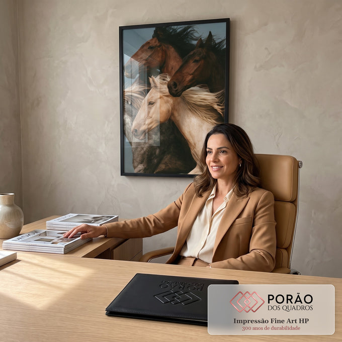 Quadro Decorativo Quatro Cavalos Selvagens ao Vento | quadros decorativos | três cavalos em movimento com crinas ao vento em tons marrom e bege | em Quadros para Escritorio | Porao dos Quadros