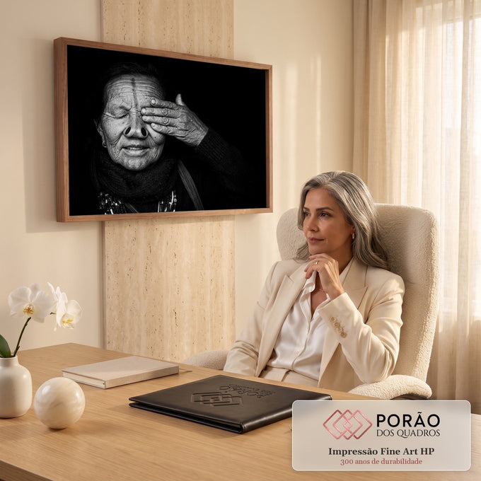 Retrato em preto e branco de mulher idosa tribal cobrindo o olho com a mão, fundo preto, quadro decorativo