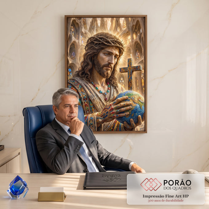 Quadro Decorativo Grande Jesus em Mosaico para Sala Dourado | quadros decorativos | Jesus Cristo em mosaico colorido segurando o globo terrestre diante de catedral dourada | em ambiente 2 | Porao dos Quadros
