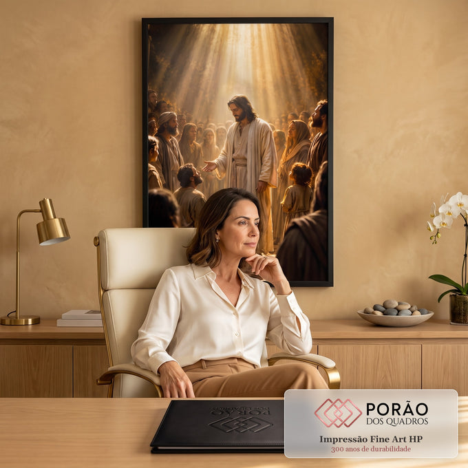 Quadro Decorativo Grande Jesus a Multidão para Sala Dourado | quadros decorativos | Jesus Cristo em túnica clara estendendo a mão sob luz dourada cercado por multidão | em ambiente 2 | Porao dos Quadros