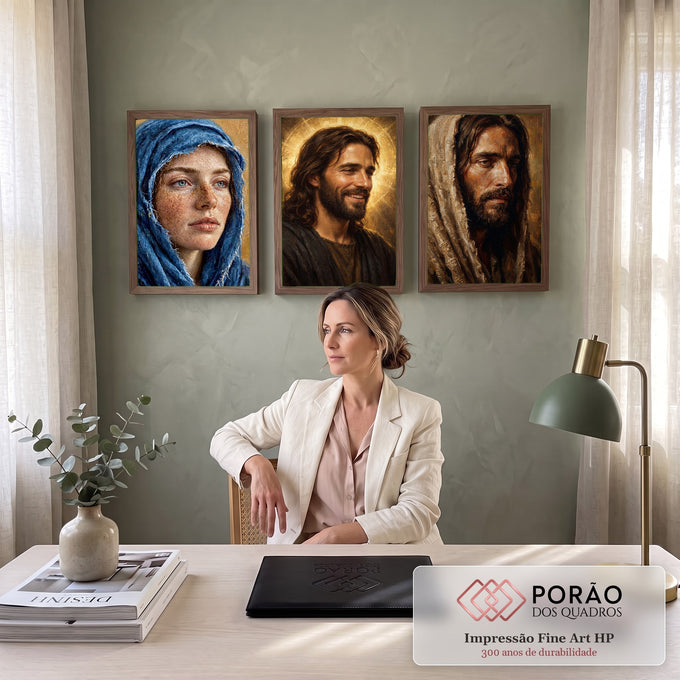 Quadro Decorativo Kit 3 Telas Retratos Sacros para Sala | quadros decorativos | três retratos sacros, Jesus com halo dourado ao centro, mulher de véu azul à esquerda | em ambiente 2 | Porao dos Quadros