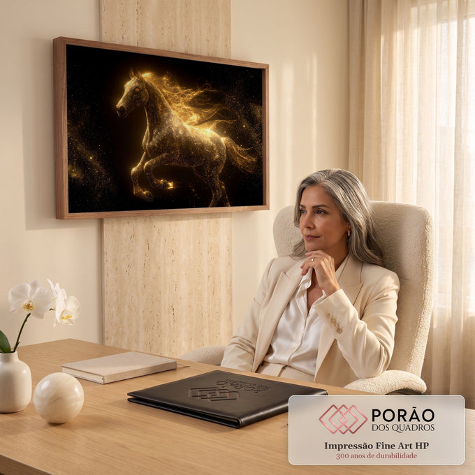 Cavalo formado por poeira estelar dourada galopando sobre fundo preto com estrelas, quadro decorativo