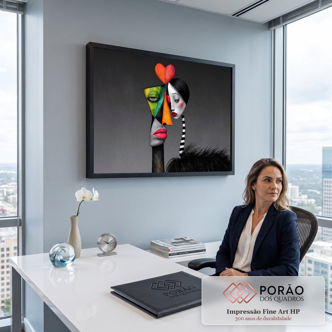 Casal surreal com rostos geométricos coloridos e coração vermelho sobre fundo cinza, quadro decorativo