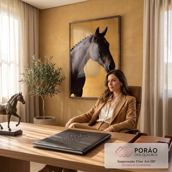 Cavalo escuro de perfil com crina trançada em fundo dourado texturizado, fotografia, quadro decorativo