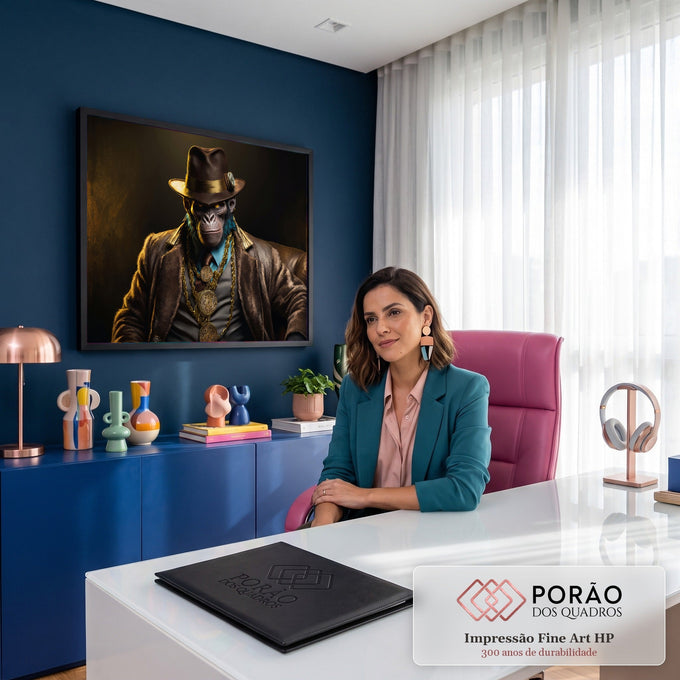 Quadro Decorativo Grande Macaco de Terno para Sala Marrom | quadros decorativos | macaco de terno e chapéu com correntes de ouro e moedas de Bitcoin | em ambiente 2 | Porao dos Quadros
