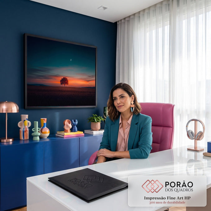 Árvore solitária em campo ao pôr do sol laranja, céu azul-petróleo e lua crescente, quadro decorativo