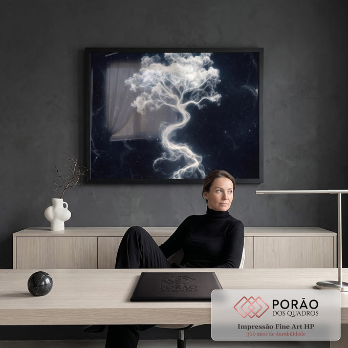 Quadro Decorativo Grande Árvore de Luz para Sala Preto | quadros decorativos | árvore formada por partículas de luz branca com raízes sinuosas sobre céu estrelado escuro | em ambiente 2 | Porao dos Quadros