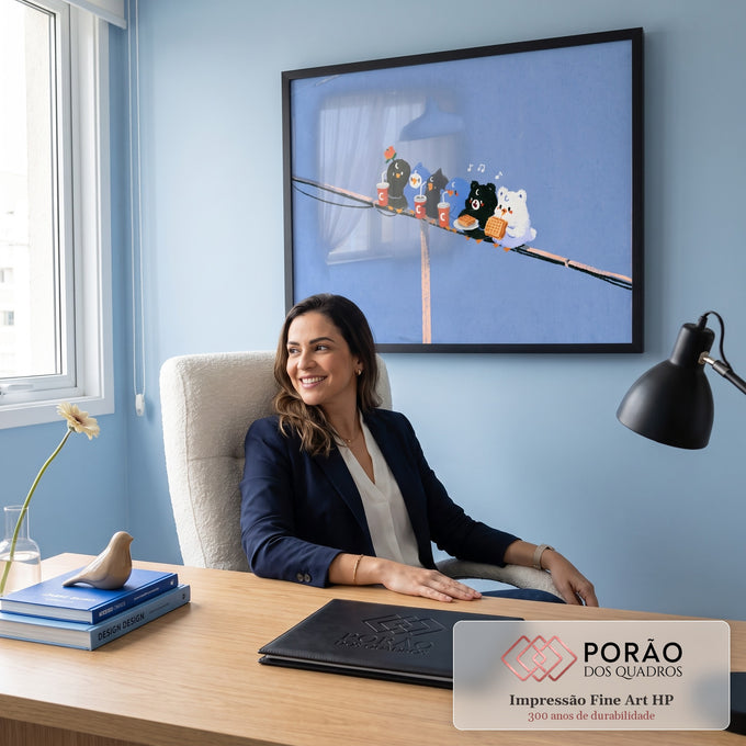 Passarinhos e ursinhos fofos sentados no fio com suco e waffle sobre fundo azul, quadro decorativo
