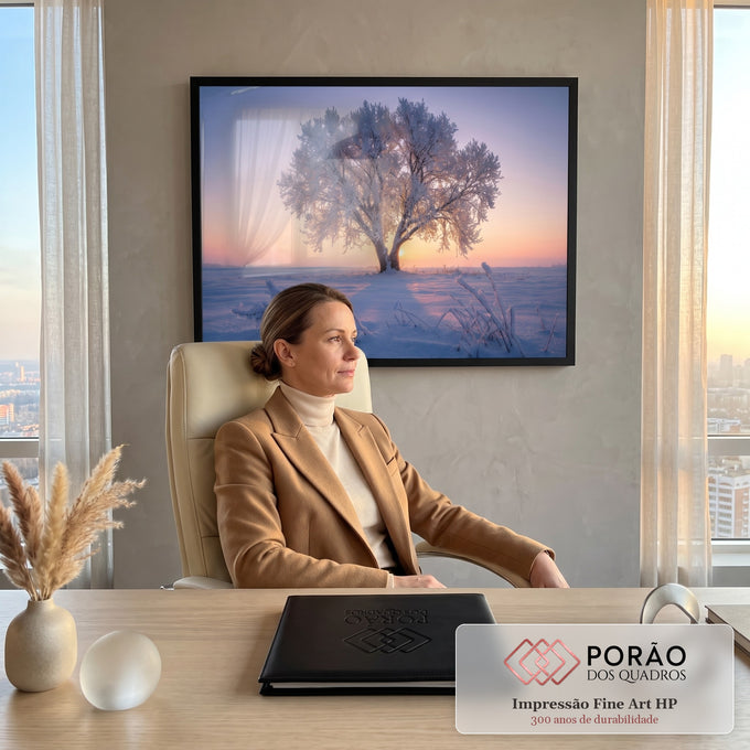 Quadro Decorativo Grande Árvore Congelada para Sala Azul | quadros decorativos | árvore solitária coberta de geada branca com sol nascendo entre os galhos em campo nevado | em ambiente 2 | Porao dos Quadros