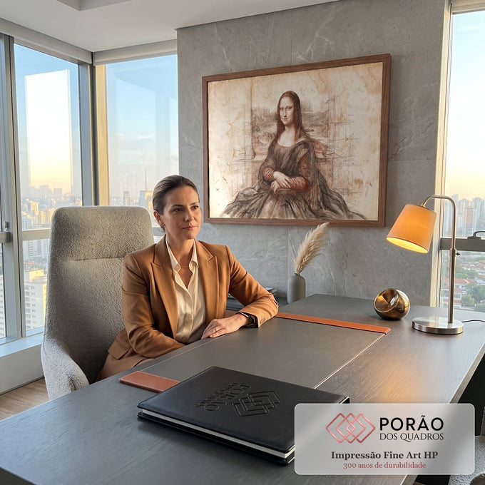Quadro Decorativo Grande Mona Lisa Esboço para Sala Marrom | quadros decorativos | esboço sépia da Mona Lisa com linhas de construção e paisagem ao fundo | em ambiente 2 | Porao dos Quadros