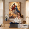 Quadro Decorativo Grande Jesus e Nossa Senhora para Sala | quadros decorativos | Jesus e Nossa Senhora flutuando entre nuvens douradas com raios de luz | em ambiente 2 | Porao dos Quadros