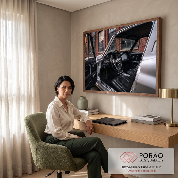 Interior de carro esportivo clássico prata com volante cromado e bancos de couro preto, quadro decorativo