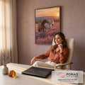 Quadro Decorativo Grande Cavalos para Sala Roxo | quadros decorativos | dois cavalos se afagando em campo de lavanda roxa durante pôr do sol | em ambiente 2 | Porao dos Quadros
